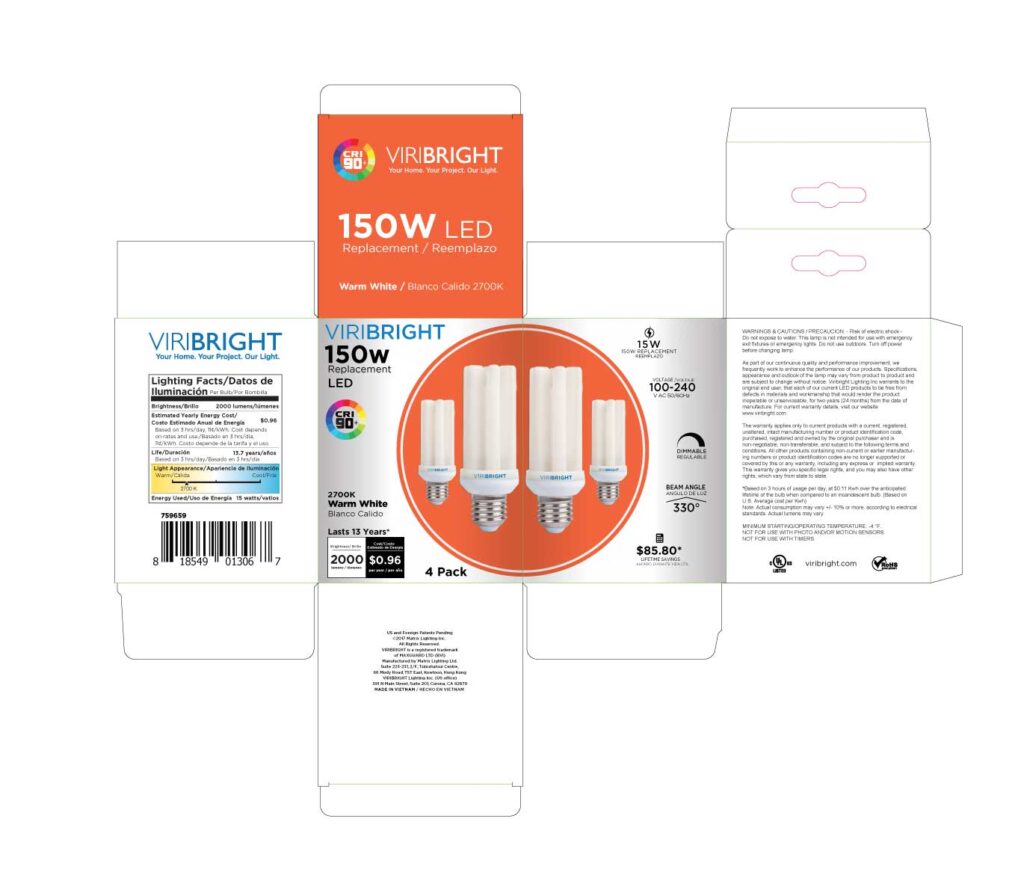 Viribright Lighting package design for 4 pack of warm LED light bulbs