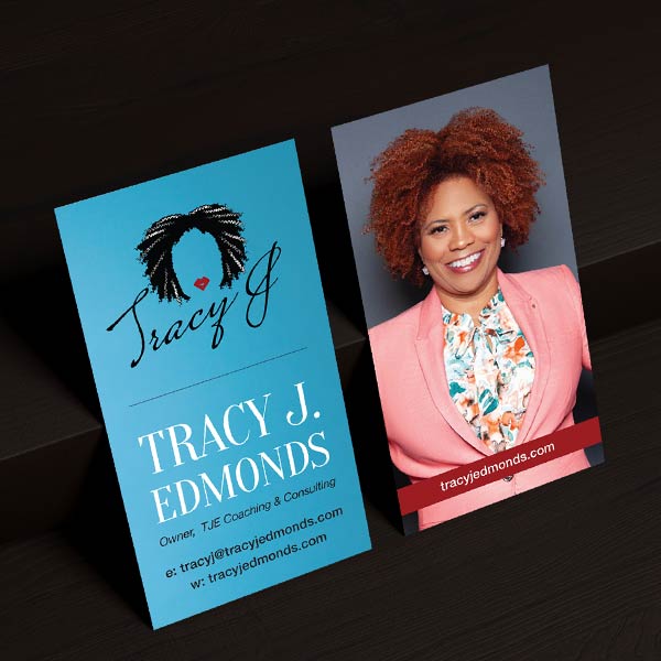 Vertical business card designed for Tracy J Edmonds by Mandy Love Creative