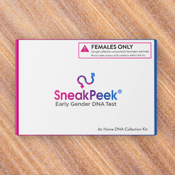 SneakPeek Early Gender DNA test kit on a wood backgound