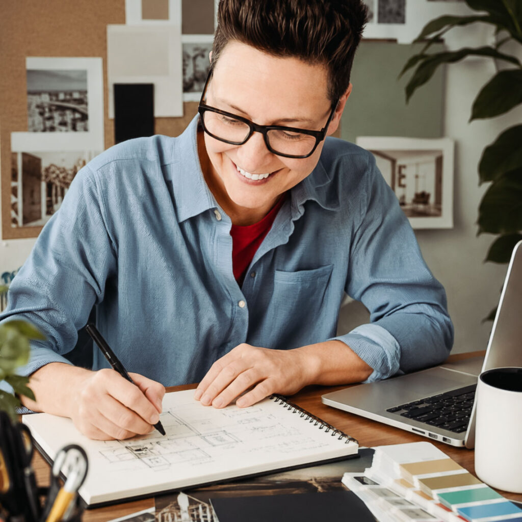 Mandy Love sketching at her desk with blue shirt on